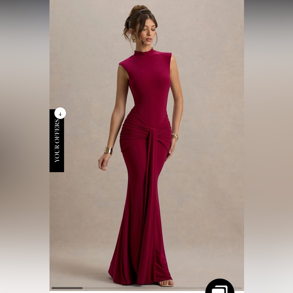 Club London / Graziana / Dark Cherry High-Neck Gathered Draped Maxi Dress